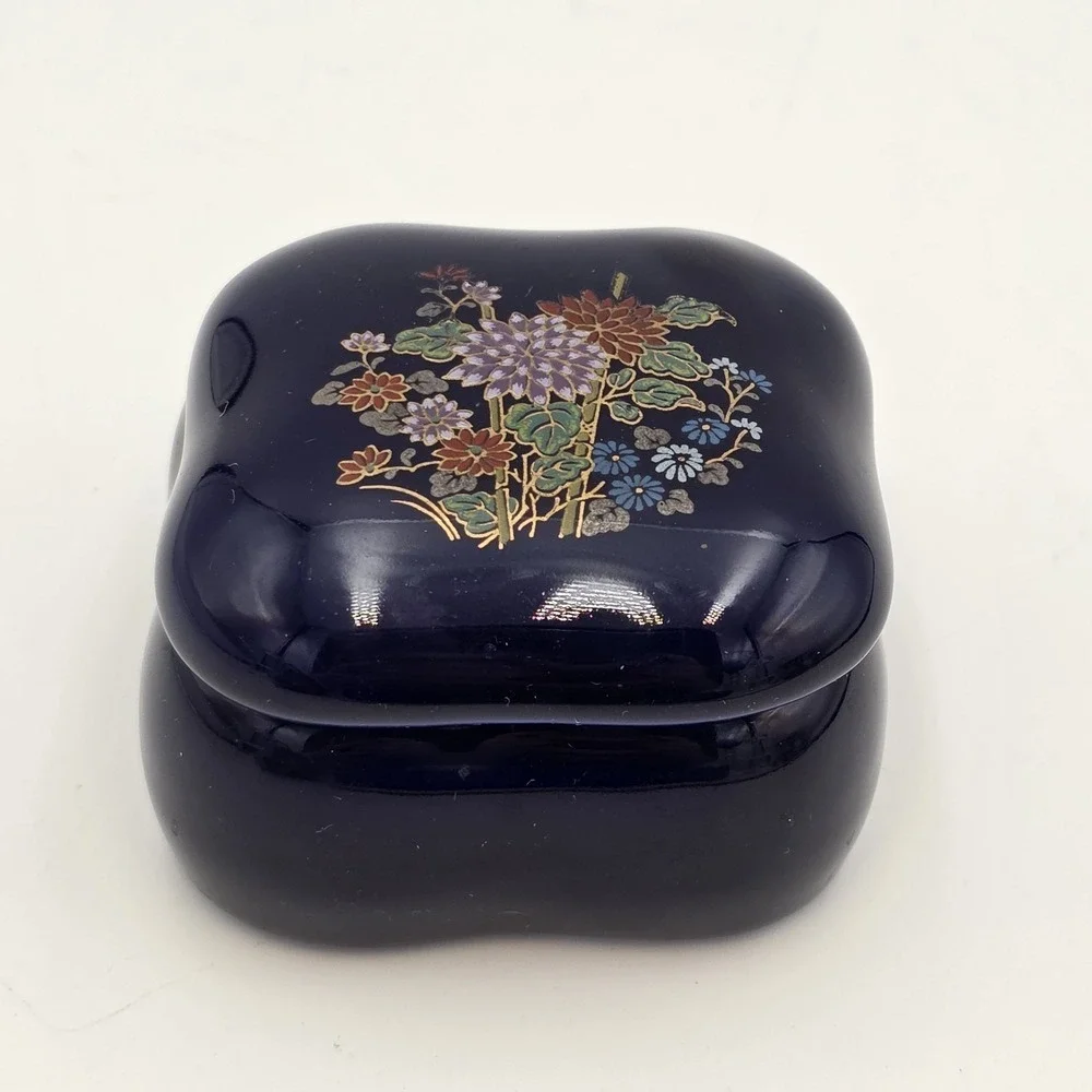 Vintage Japanese Cobalt Blue Ceramic Trinket Box Hand Painted Floral Jewelry Box